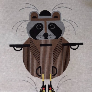 LARGE - Vintage Charley Harper Raccobat Needlepoint canvas, KD Designs Charley Harper Raccoon, Hand Painted Canvas, Stitch-Painted by hand