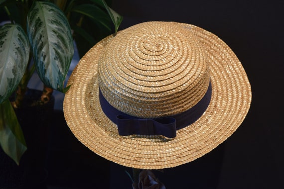 Vintage Madcaps Straw boater hat with blue bow - L
