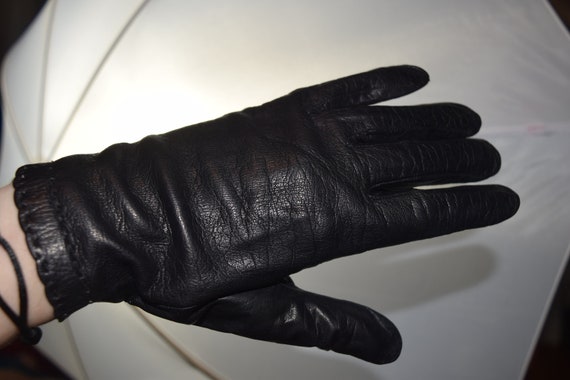 Vingage Leather Gloves, Black Kidskin Gloves, Siz… - image 1