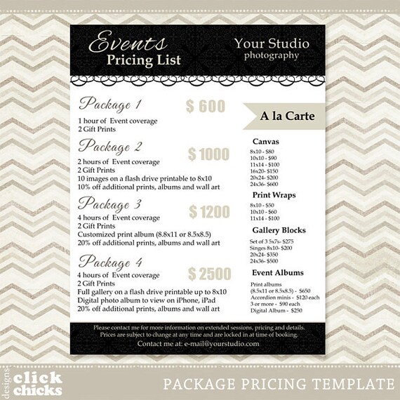 Photography Package Pricing List Template Event Packages Etsy