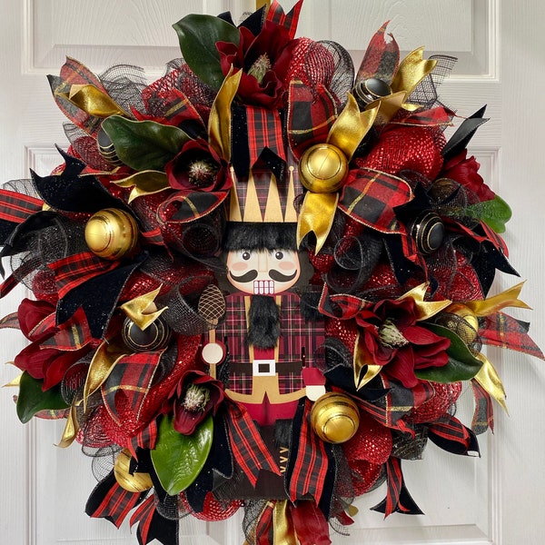 Christmas Wreath for Front door, Nutcracker Red and Black plaid Ribbon, Magnolia Flowers