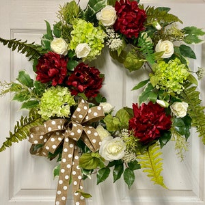 Spring-Summer Wreath, Green Hydrangea and Burgundy Peony  Wreath, Great for Mother&#39;s Day Gift