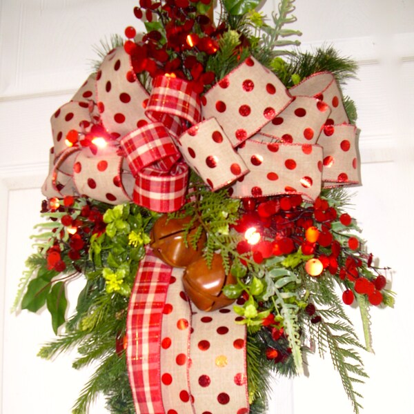 Christmas Swag Wreath, Red Polka-Dot Ribbon Christmas Swag, Door Swag Wreath, Christmas Decorations