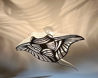 Handmade wood ceiling chandelier with 2 hammerhead sharks: LED wall light for beach coastal or nautical Maori surfing style room decor