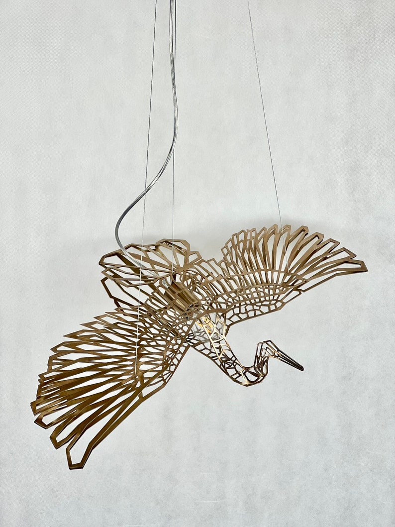 Ceiling light, CraneMetrics Gold, unique design, stainless steel, flying bird light, designer lighting, image 2