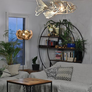 Gold Ceiling light, FishMetrics, unique design, stainless steel, fish light, designer lighting, geomeric lamp pendant. image 3