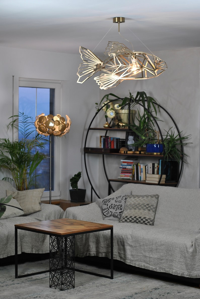 Gold Ceiling light, FishMetrics, unique design, stainless steel, fish light, designer lighting, geomeric lamp pendant. image 3