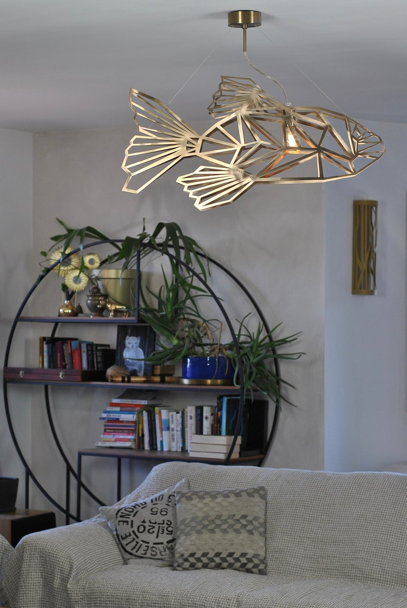 Gold Ceiling light, FishMetrics, unique design, stainless steel, fish light, designer lighting, geomeric lamp pendant. image 4