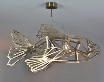 Gold Ceiling light, FishMetrics, unique design, stainless steel, fish light, designer lighting, geomeric lamp pendant.