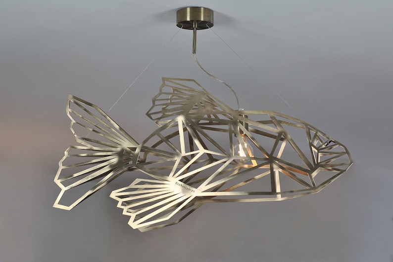 Gold Ceiling light, FishMetrics, unique design, stainless steel, fish light, designer lighting, geomeric lamp pendant. image 1