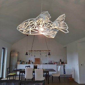 Ceiling light, FishMetrics, unique design, white steel, fish light, designer lighting,