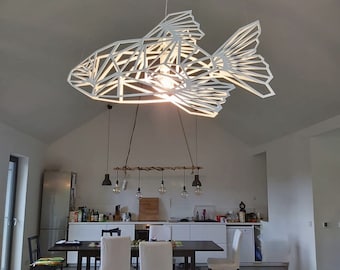 Plafoniera FishMetrics dal design unico, acciaio bianco, lampada pesce