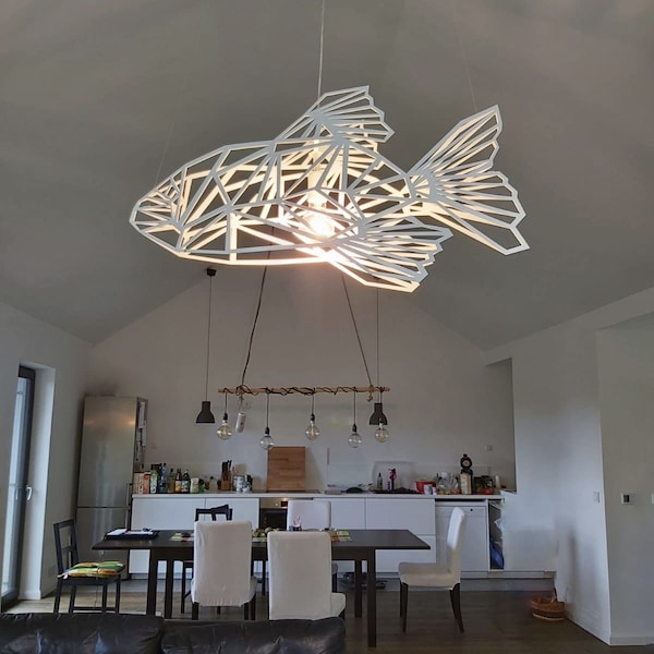 Plafonnier FishMetrics design unique, acier blanc, lampe poisson