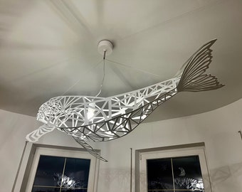 Whale lamp, unique marine design ceiling lamp, white steel, modern geometric nautical lamp
