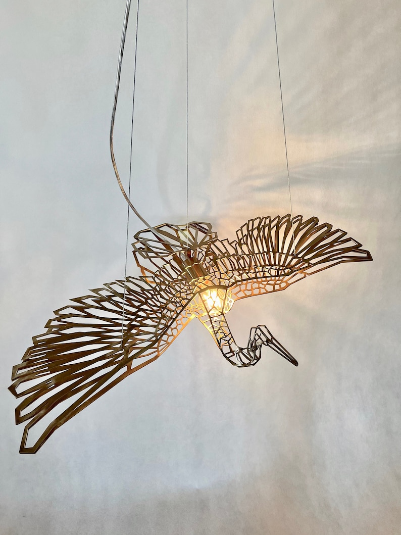 Ceiling light, CraneMetrics Gold, unique design, stainless steel, flying bird light, designer lighting, image 1