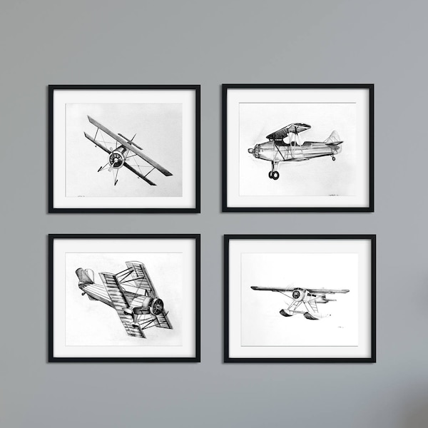 Airplane Nursery Art Set of 4, Boy Nursery Decor,  Boys Nursery Art, Airplane Decor, Pilot Gift, Vintage Airplane Prints, Plane Nursery Art