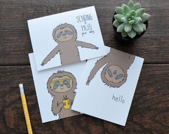 Sloth Cards - Cute Sloth Cards -  Sending a Hug Card - Note Card Set - Lunchbox Notes - Cute Cards - Cute Encouragement Card - Hello