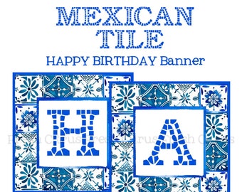 Blue and White Tile Happy Birthday Banner Printable Instant Download