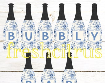 Bubbly Bar Champagne Bottle Banner Blue and White Floral Printable Instant Download