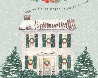 May include: A festive watercolour illustration of a house covered in snow, with green shutters and wreaths. The image includes the text "MERRY CHRISTMAS!" and a decorative arrangement of cinnamon sticks, an orange slice, and berries. The text "ADD TO 3 CUPS WATER, SIMMER ON LOW" is also included.