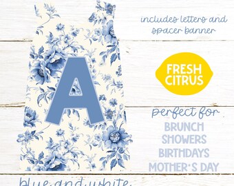 Blauwe en witte toile shift-jurk alfabet banner babyshower afdrukbare instant download