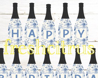 Happy Birthday Champagne Bottle Banner Blue and White Floral Printable Instant Download