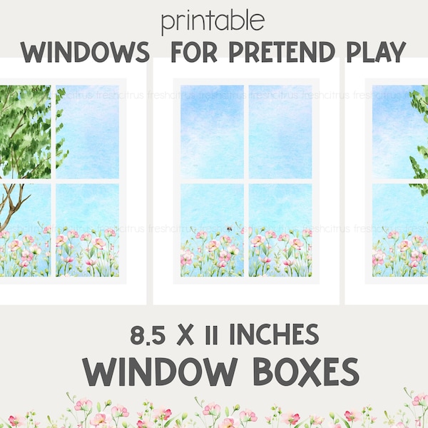Windows for Pretend Play Window Box with Pink Flowers and Trees Printable Instant Download