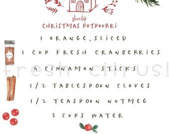 May include: A printable Christmas potpourri tag with a recipe for stovetop potpourri. The tag includes a recipe with ingredients like sliced orange, cranberries, cinnamon sticks, cloves, nutmeg, and water. The tag is 8.89 cm square.