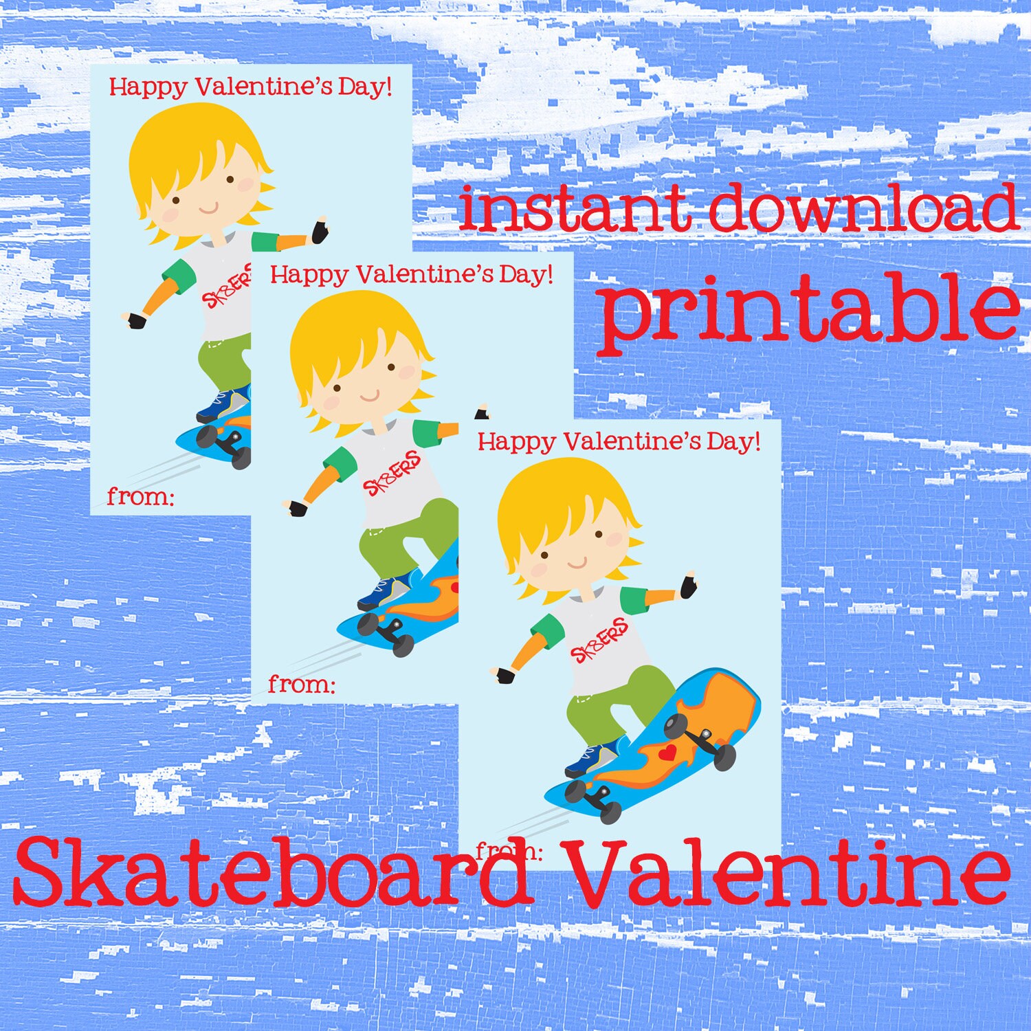 Skateboard Boy Valentine's Day Card Kids Classroom Etsy