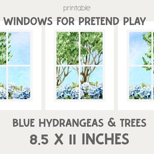 Puede incluir: Ventanas imprimibles para juegos de simulación con ilustraciones de acuarela de hortensias azules y árboles. Las ventanas miden 21,6 x 27,9 cm. La imagen muestra tres paneles de ventana con un fondo de cielo azul.