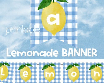 Lemonade Banner Blue & White Gingham Watercolor Lemonade Stand Sign Lemon Party Banner Printable Instant Download