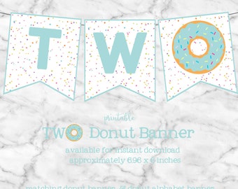 Two Donut Banner Second Birthday Blue Donut Party Donut High Chair Decoration Printable Instant Download