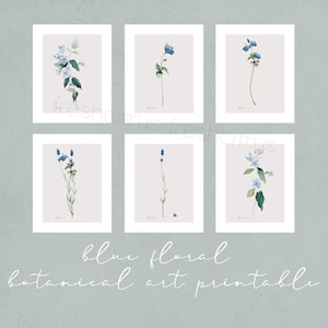 May include: Set of six printable botanical illustrations featuring blue flowers with green stems and leaves on a light gray background. The text "blue floral botanical art printable" is at the bottom of the image.