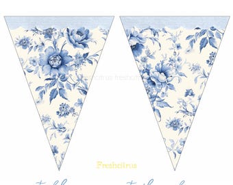 Blue Toile Pennant Flag Banner Printable Instant Download