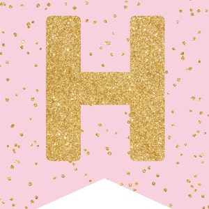 May include: A pink banner with a gold glitter letter H. The banner has a white bottom edge and is decorated with small gold glitter dots.