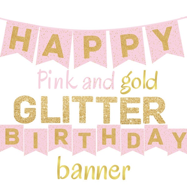 Pink and Gold Glitter Happy Birthday Banner Printable