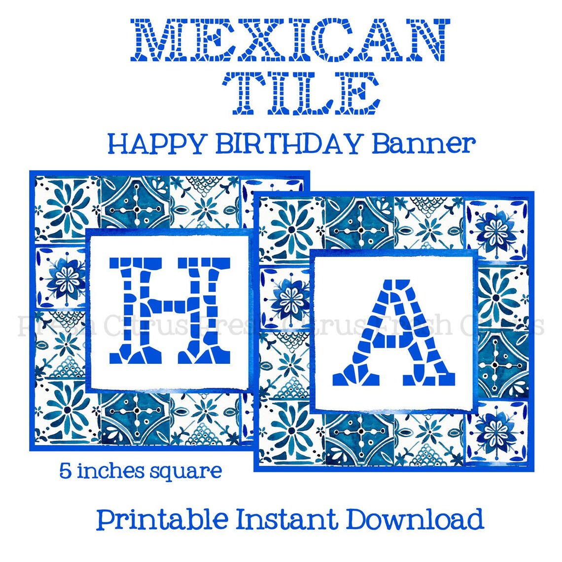 Blue and White Mexican Tile Happy Birthday Banner Printable | Etsy
