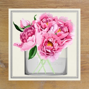 Pioenrozen in glazen vaas Tags Pink Peony Gift Tag Afdrukbare Instant Download