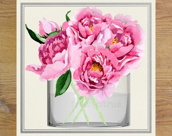 Pivoines dans des étiquettes de vase en verre Pivoine rose étiquette-cadeau imprimable Téléchargement instantané