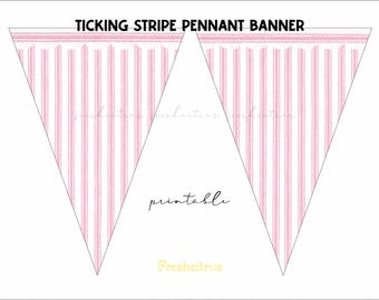 Ticking Stripe Scalloped Edge Pennant Flag Banner Light Pink on White Printable Instant Download