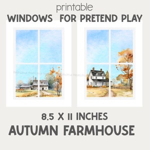 Può includere: Due fogli stampabili di 21,59 x 27,94 cm con finestre per il gioco di finzione. Ogni foglio mostra un'illustrazione ad acquerello di una fattoria autunnale con cielo azzurro, alberi arancioni e un sentiero, incorniciata da una finestra.