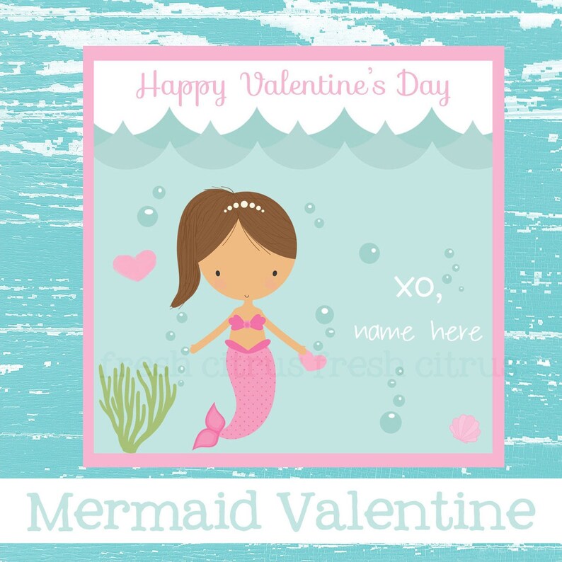 Mermaid Valentine's Day Card Kids Classroom Valentine Printable Instant ...