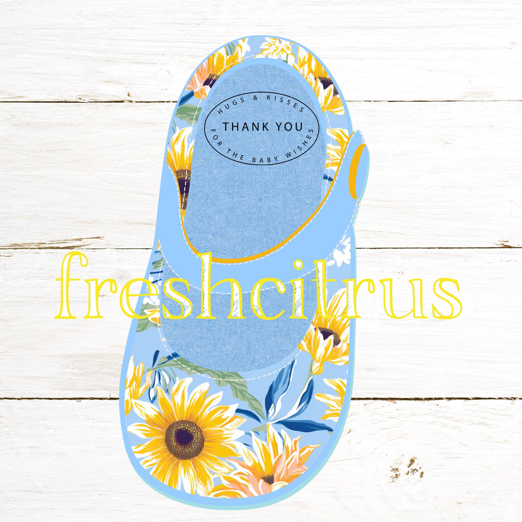 Babyshower zonnebloem bedankkaartje babyschoentje lichtblauw afdrukbare Instant Download