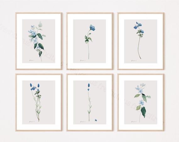 Blue Floral Watercolor Art Prints Set of 6 (JPEG & PDF Digital Download