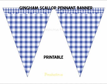 Vlagbanner met blauwe gingham-ruit en geschulpte rand Afdrukbare direct downloaden