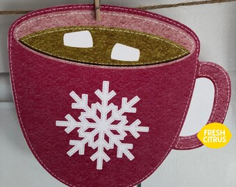 Hot Cocoa Mug Banner Printable &quot;Felt with Stitching&quot; Snowflake Christmas Tree Hot Cocoa Mug With Marshmallows Instant Download