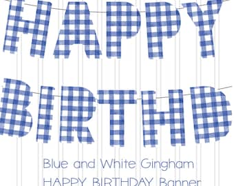 Gingham HAPPY BIRTHDAY Banner Blue and White Gingham Watercolor Plaid Printable Instant Download