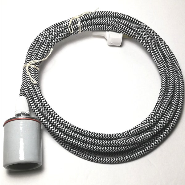 Porcelain Plug-In Pendant Light  12 feet cord set- black/white