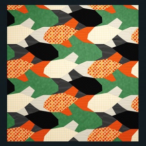 May include: Abstract geometric pattern with orange, green, black, and white fish shapes. The fish have a repeating pattern of small circles.