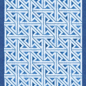 Puede incluir: Patrón geométrico abstracto en azul y blanco. El diseño presenta formas entrelazadas, incluidos triángulos y líneas, creando un patrón repetitivo. El fondo es azul más oscuro con una textura sutil, y el efecto general es un diseño moderno y abstracto.